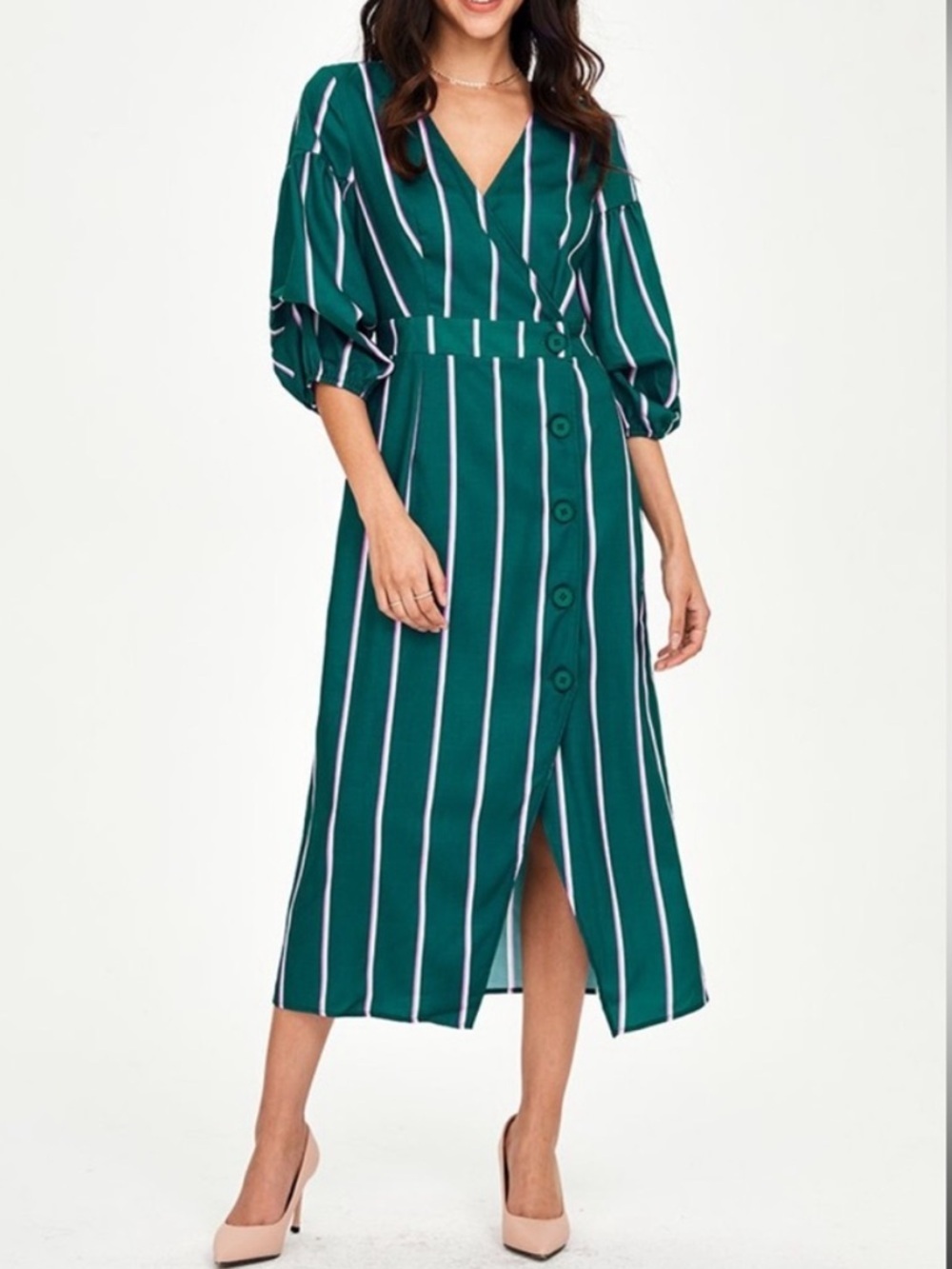 NWT Cupshe Pinstriped Puff-Sleeve Midi Dress in Green & Pink Women’s Size Large